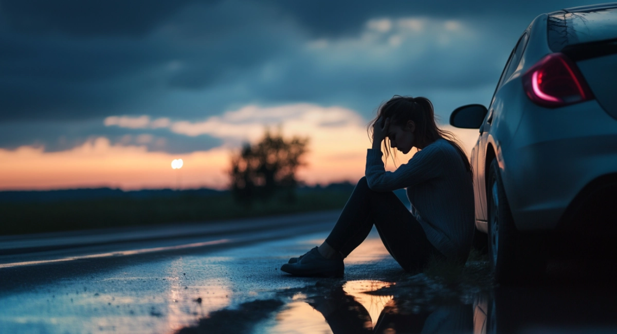 a woman sitting dejectedly by a car on the side of the road